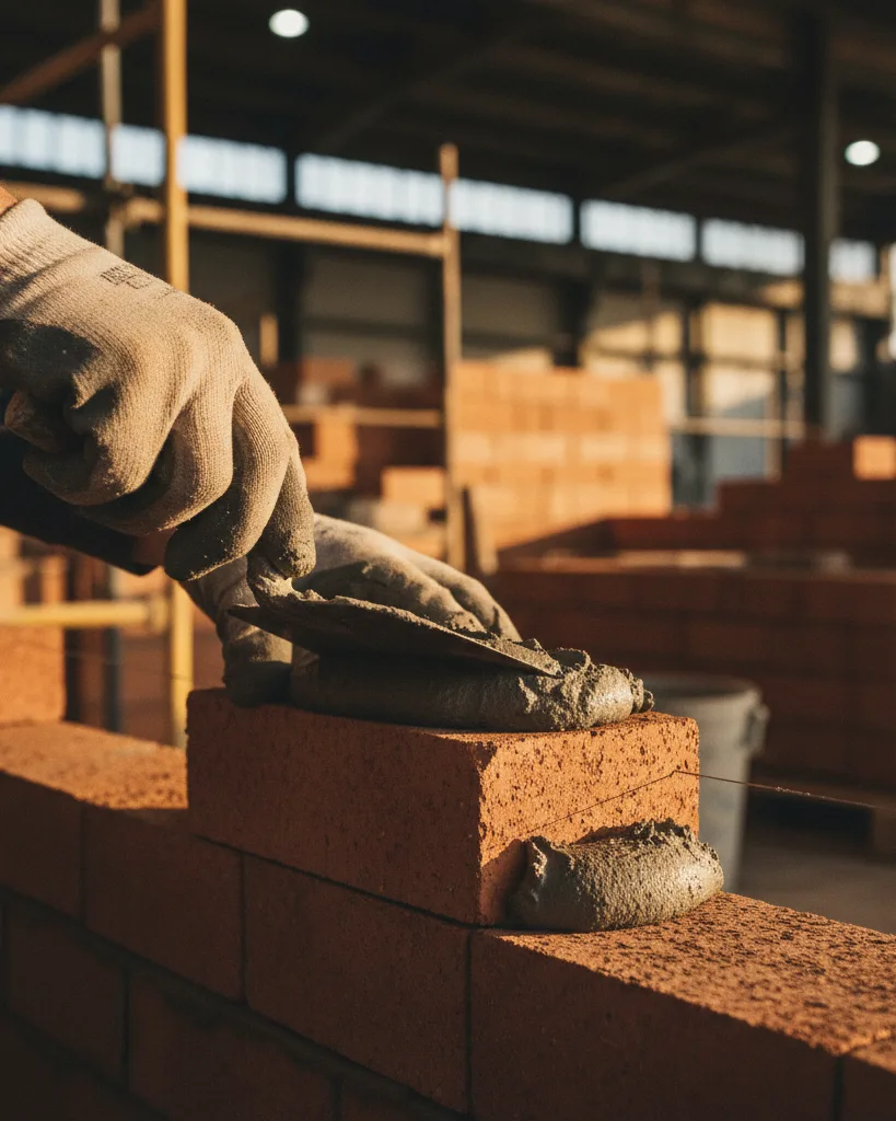 Mason hands laying Bricko bricks with mortar
