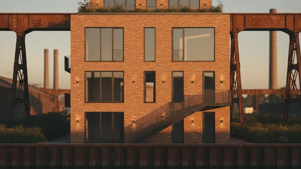 Residential facade with warm brick and golden hour light