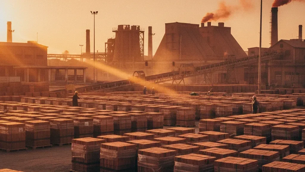 Bricko factory yard at golden hour with stacked terracotta brick pallets