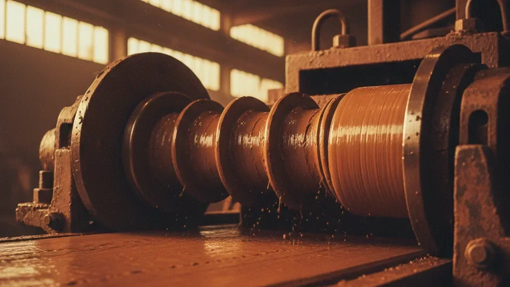 Raw wet clay being worked under golden industrial light