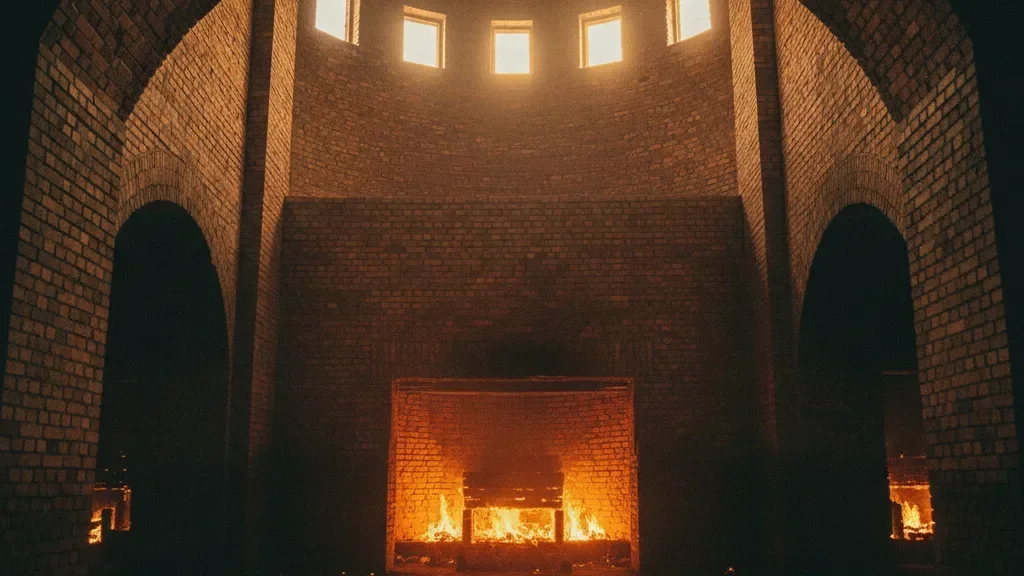 Kiln interior glowing with stacked bricks and ember fire light