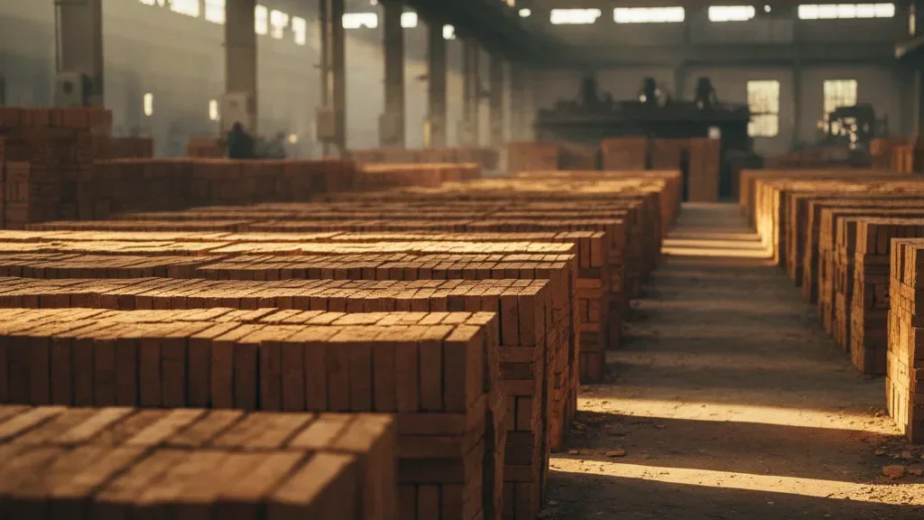 Finished terracotta bricks stacked with dramatic side light