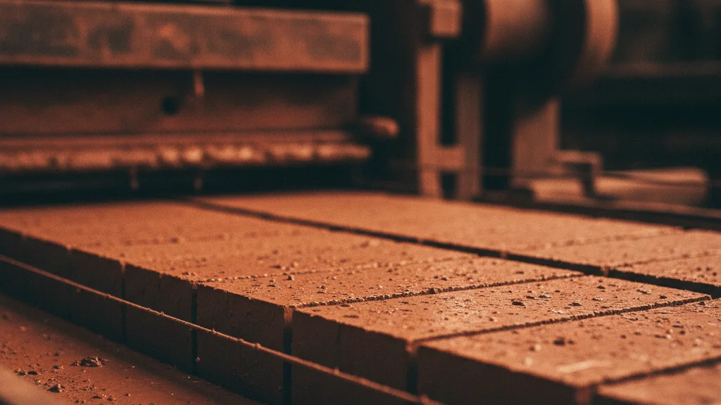 Extreme macro of raw clay extruded and cut into brick forms under amber light