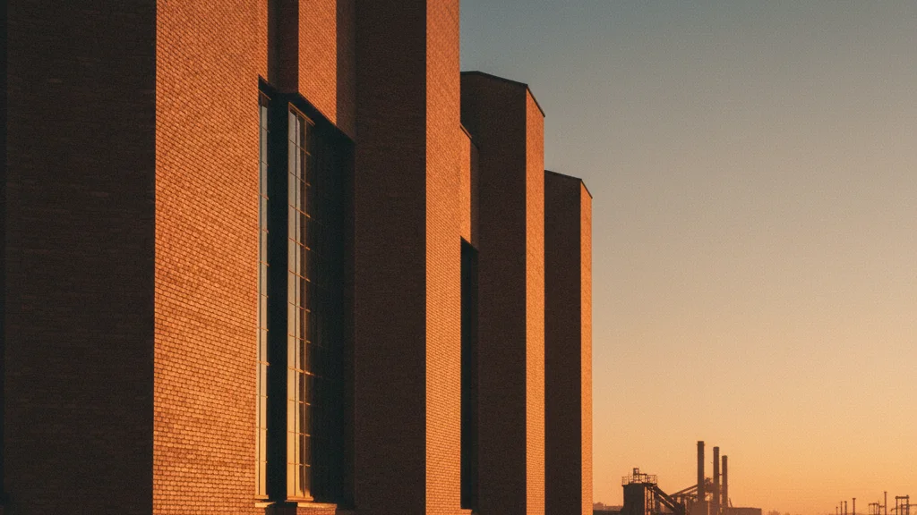 Monumental modern brick facade at golden hour with long raking shadows