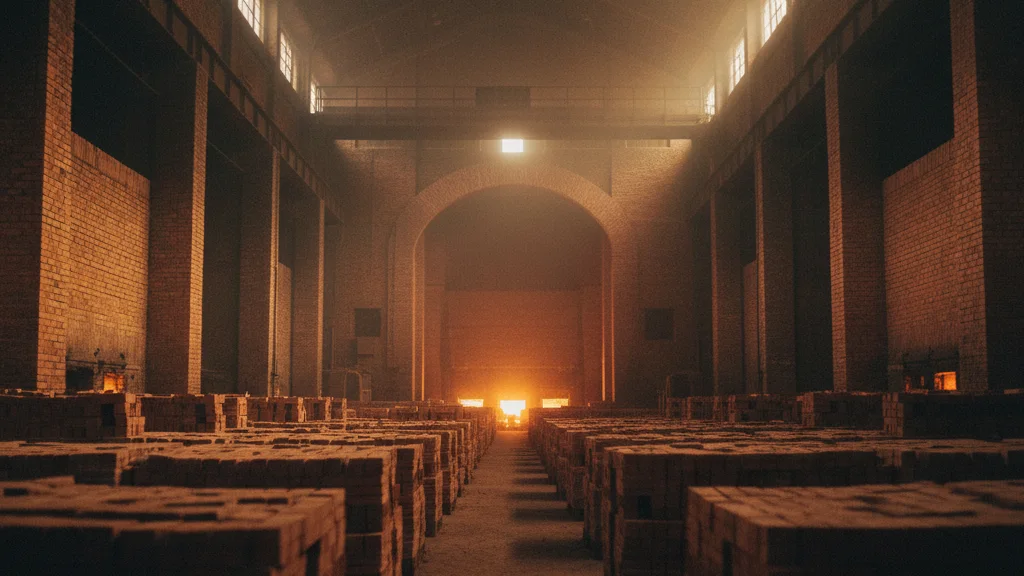 Monumental brick kiln interior glowing with ember heat and stacked terracotta bricks