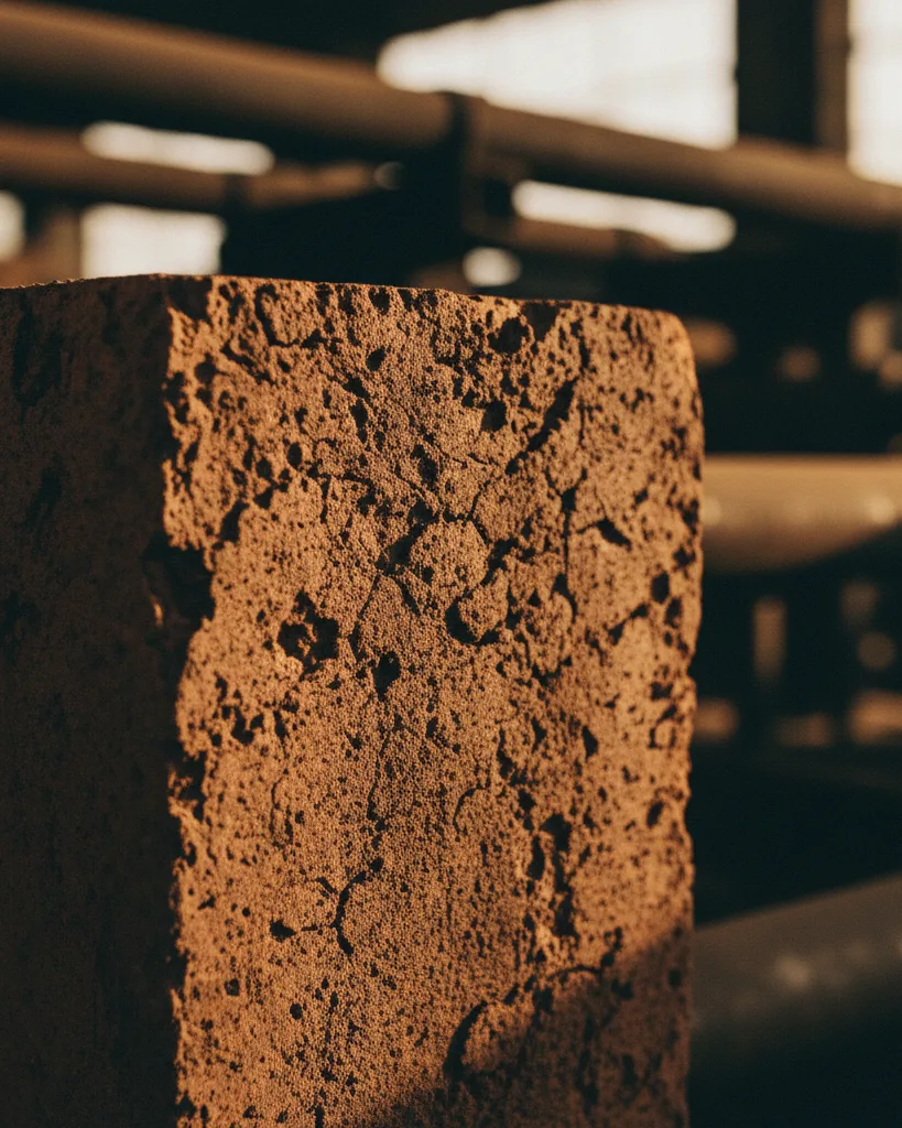 Macro close-up of fired brick surface texture with raking side light